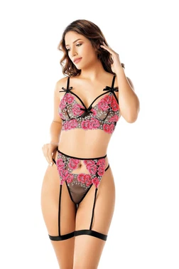 NightLight Kurdelalı Pembe Çiçekli Fantazi Sütyen Külot Takım Nightlight 3575