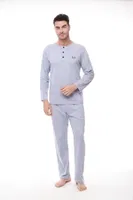 Düğmeli Yaka Büyük Beden Uzun Kollu Erkek Pijama Takım Pijadore 1412