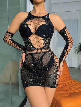 Real Passione Taşlı Vücut Çorabı Elbise Siyah Real Passione 31045 - Alternatif Görünüm