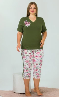 Lady Yeşil V Yaka Büyük Beden Kapri Pijama Takımı Lady 10644 - Alternatif Görünüm