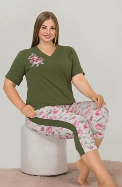 Lady Yeşil V Yaka Büyük Beden Kapri Pijama Takımı Lady 10644