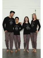 Anne Kız Penye Kare Desenli Pijama Takım Akbeniz 50111 Siyah Kadın