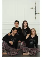 Anne Kız Penye Kare Desenli Pijama Takım Akbeniz 50111 Siyah Kadın detay görünüm