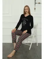 Anne Kız Penye Kare Desenli Pijama Takım Akbeniz 50111 Siyah Kadın görsel 4