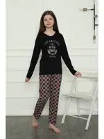 Anne Kız Penye Kare Desenli Pijama Takım Akbeniz 50111 Siyah Kadın görsel 6