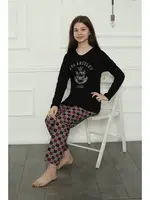 Anne Kız Penye Kare Desenli Pijama Takım Akbeniz 50111 Siyah Kadın görsel 7