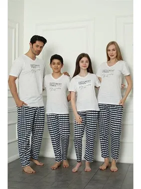 Akbeniz Kısa Kollu V Yaka Kareli Anne Kız Penye Pijama Takım Akbeniz 50113