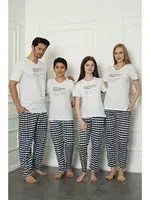 Kısa Kollu V Yaka Kareli Anne Kız Penye Pijama Takım Akbeniz 50113 Beyaz Kadın