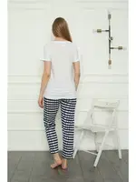 Kısa Kollu V Yaka Kareli Anne Kız Penye Pijama Takım Akbeniz 50113 Beyaz Kadın görsel 5