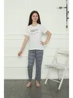 Kısa Kollu V Yaka Kareli Anne Kız Penye Pijama Takım Akbeniz 50113 Beyaz Kadın görsel 6