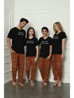Ekoseli Kısa Kollu Anne Kız Aile Penye Pijama Takım Akbeniz 50118 Siyah Kadın