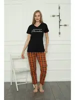 Ekoseli Kısa Kollu Anne Kız Aile Penye Pijama Takım Akbeniz 50118 Siyah Kadın farklı açı