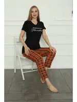 Ekoseli Kısa Kollu Anne Kız Aile Penye Pijama Takım Akbeniz 50118 Siyah Kadın görsel 4