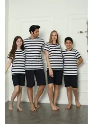 Akbeniz Penye Şortlu Anne Kız Çizgili Aile Pijama Takım Akbeniz 50116
