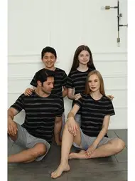 Akbeniz Çizgili Yuvarlak Yaka Baba Oğul Aile Penye Şortlu Pijama Takım Akbeniz 50115