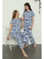 Penye Cepli Kısa Kollu Anne Kız Aile Pijama Takım Akbeniz 50104 Mavi detay görünüm