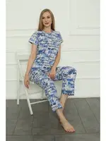 Penye Cepli Kısa Kollu Anne Kız Aile Pijama Takım Akbeniz 50104 Mavi görsel 4