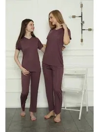 Akbeniz Düz Renk Anne Kız V Yaka Aile Penye Pijama Takım Akbeniz 50106