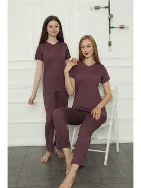Akbeniz Düz Renk Anne Kız V Yaka Aile Penye Pijama Takım Akbeniz 50106 - Alternatif Görünüm
