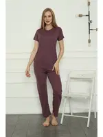 Düz Renk Anne Kız V Yaka Aile Penye Pijama Takım Akbeniz 50106 Mürdüm farklı açı