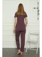 Düz Renk Anne Kız V Yaka Aile Penye Pijama Takım Akbeniz 50106 Mürdüm görsel 4