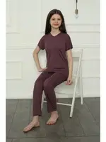 Düz Renk Anne Kız V Yaka Aile Penye Pijama Takım Akbeniz 50106 Mürdüm görsel 5