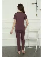 Düz Renk Anne Kız V Yaka Aile Penye Pijama Takım Akbeniz 50106 Mürdüm görsel 6