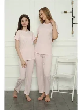 Akbeniz Anne Kız Pembe V Yaka Aile Penye Pijama Takım Akbeniz 50107