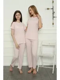 Akbeniz Anne Kız Pembe V Yaka Aile Penye Pijama Takım Akbeniz 50107
