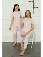 Anne Kız Pembe V Yaka Aile Penye Pijama Takım Akbeniz 50107 Pembe detay görünüm