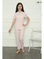 Anne Kız Pembe V Yaka Aile Penye Pijama Takım Akbeniz 50107 Pembe görsel 5