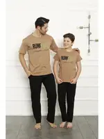 Baba Oğul Cotton Kısa Kollu Pijama Takım Akbeniz 50102 Bej detay görünüm
