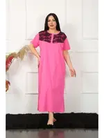 Kısa Kollu Dantelli Uzun Büyük Beden Gecelik Akbeniz 1348 Fuşya