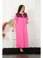 Kısa Kollu Dantelli Uzun Büyük Beden Gecelik Akbeniz 1348 Fuşya görsel 4