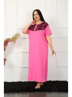 Kısa Kollu Dantelli Uzun Büyük Beden Gecelik Akbeniz 1348 Fuşya görsel 5