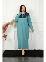 Uzun Kollu Dantelli Büyük Beden Gecelik Akbeniz 1355 Petrol