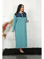 Uzun Kollu Dantelli Büyük Beden Gecelik Akbeniz 1355 Petrol detay görünüm