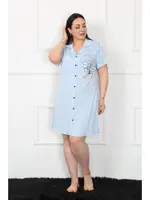 Gömlek Yaka Büyük Beden Penye Kadın Tunik Gecelik Akbeniz 1025 Mavi detay görünüm