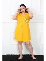 Kısa Kollu Büyük Beden Penye Düğmeli Tunik Gecelik Akbeniz 1025 Sarı