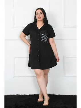 Akbeniz Penye Büyük Beden Gömlek Yaka Siyah Tunik Gecelik Akbeniz 1025