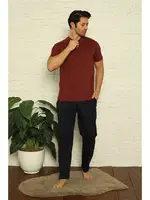 Düğmeli Bordo Yakası Cepli 3Lü Erkek Pijama Takım Akbeniz 6824 Bordo detay görünüm