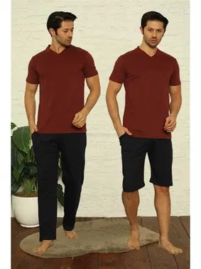Akbeniz Erkek Kısa Kollu Bordo V Yaka 3Lü Pijama Takım Akbeniz 6822