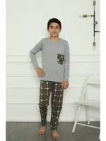 Penye Cepli Erkek Çocuk Pijama Takım Akbeniz 20387 Gri detay görünüm