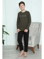 Black Yazılı Erkek Çocuk Penye Pijama Takım Akbeniz 20419 Haki detay görünüm