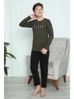 Black Yazılı Erkek Çocuk Penye Pijama Takım Akbeniz 20419 Haki görsel 4