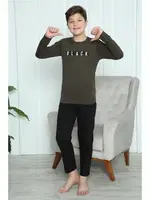 Black Yazılı Erkek Çocuk Penye Pijama Takım Akbeniz 20419 Haki görsel 5