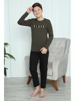 Black Yazılı Erkek Çocuk Penye Pijama Takım Akbeniz 20419 Haki görsel 6