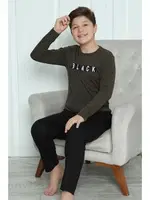 Black Yazılı Erkek Çocuk Penye Pijama Takım Akbeniz 20419 Haki görsel 8