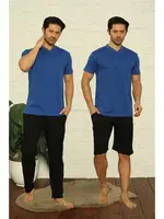 Kısa Kollu V Yaka 3Lü Erkek Pijama Takım Akbeniz 6822 Saks