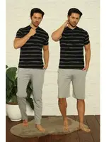 Yakası Düğmeli Erkek 3Lü Pijama Takım Akbeniz 6823 Siyah